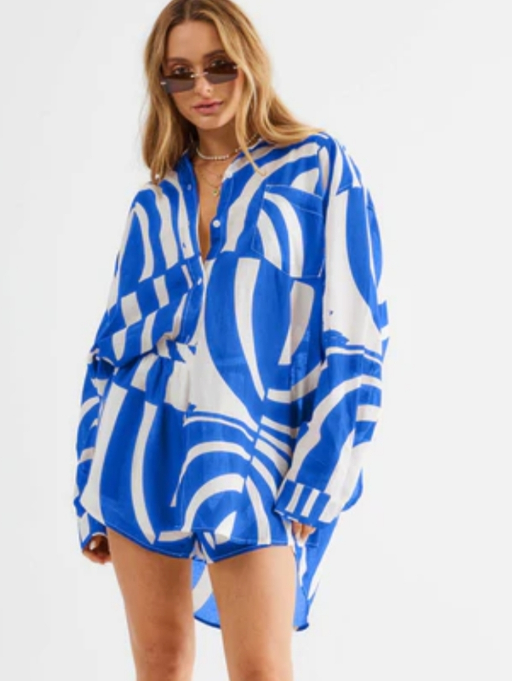 SNDY'S Blue & White 100% Cotton Two-Piece Set Long Sleeve Button down & Shorts